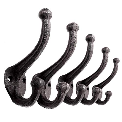 5-Pack Rustic Wall Hooks Heavy Duty. Cast Iron Vintage Inspired