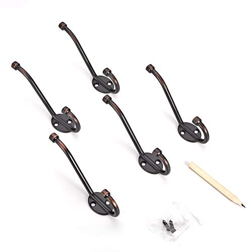 Ambipolar Wall Mounted Standard Decorative Heavy Duty Double Coat Hooks,5  Pack with Screws, Oil Rubbed Bronze (6636-T310)