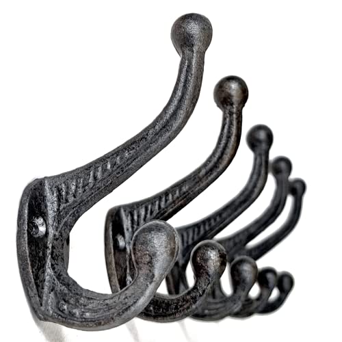 5 Rustic Coat Hooks Cast Iron Double Wall Hooks 3 1/2 Long For Hats,  Towel, School Hooks, Hall Trees, Entry Ways, Mud Rooms, Dog Leashes,  Purses