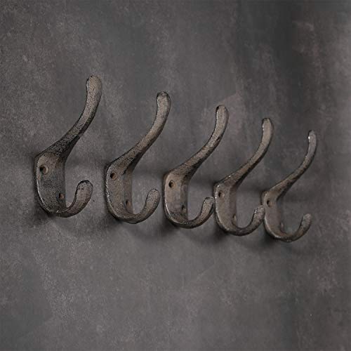5 Pack Decorative Cast Iron Heavy Duty Double Hooks, Wall Mounted Coat  Hooks , Vintage Inspired (Antique Black) (Spoon Hook)