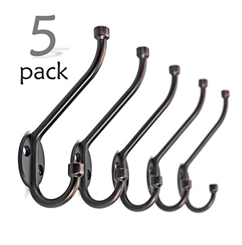 Ambipolar Wall Mounted Standard Decorative Heavy Duty Double Coat Hooks,5  Pack with Screws, Oil Rubbed Bronze (6636-T310)